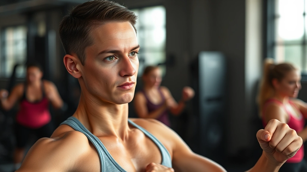 Person in gym wearing comfortable workout clothes, focused expression, mid-set on strength exercise, natural lighting, sweat visible, determined but relaxed posture