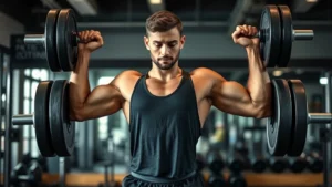 Person deadlifting with perfect form in a gym, focused expression, athletic build, natural gym setting with dumbbells visible