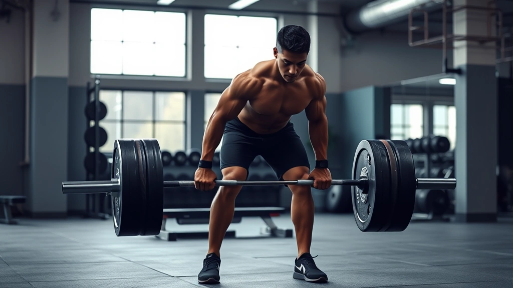 Person doing a barbell deadlift with proper form in a well-lit gym, showing full body engagement and controlled movement, photorealistic