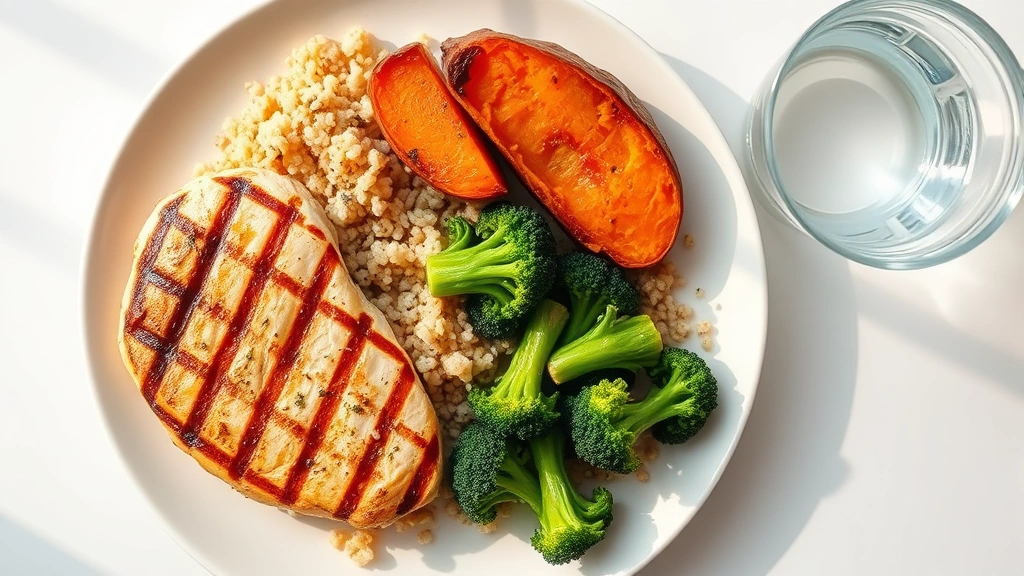 Overhead shot of a balanced meal on a white plate: grilled chicken breast, quinoa, roasted broccoli and sweet potato, glass of water beside it, natural daylight from window