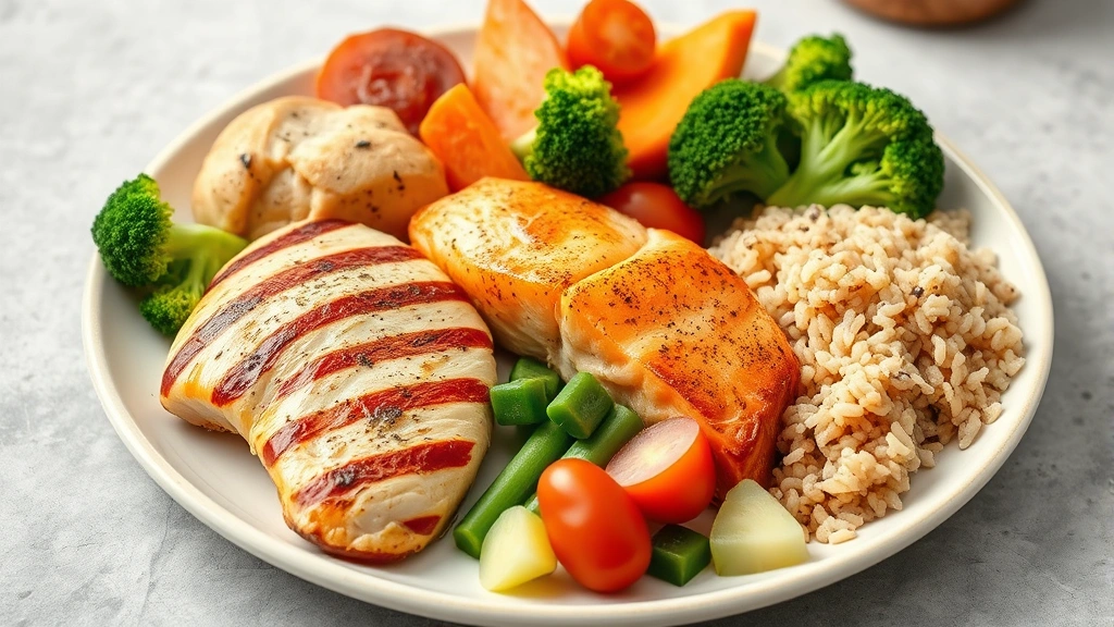 A colorful spread of whole foods including grilled chicken breast, salmon, broccoli, sweet potato, brown rice, and fresh vegetables on a clean plate