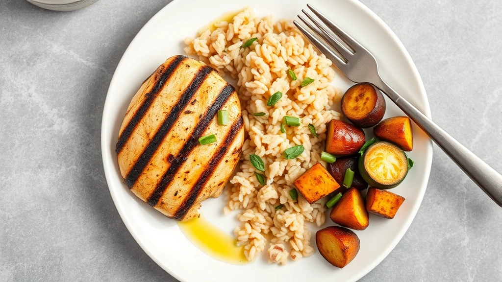 Overhead shot of a balanced meal plate with grilled chicken breast, brown rice, roasted vegetables, and olive oil drizzle on white ceramic plate