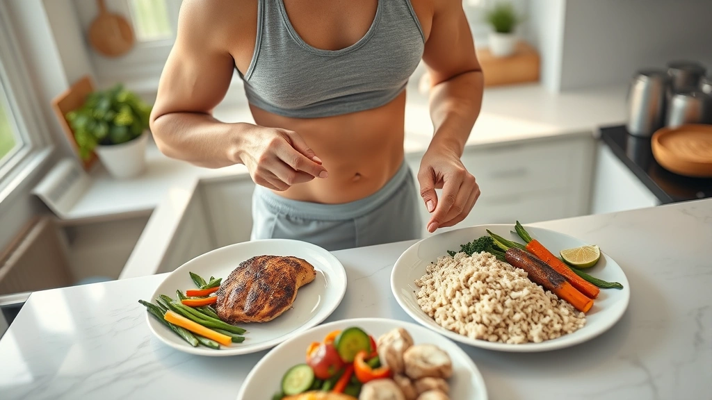 Fit individual meal prepping in bright kitchen with grilled chicken, rice, and vegetables on plates, overhead shot showing protein-rich foods, natural daylight through windows