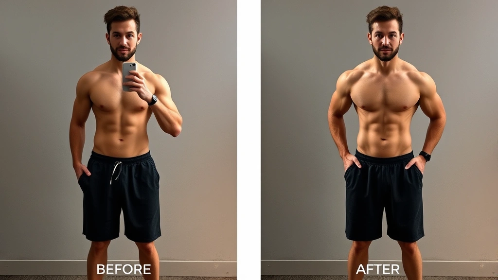 Before and after style progress photos showing physique transformation with improved muscle definition and reduced body fat, person in athletic wear, side-by-side comparison aesthetic