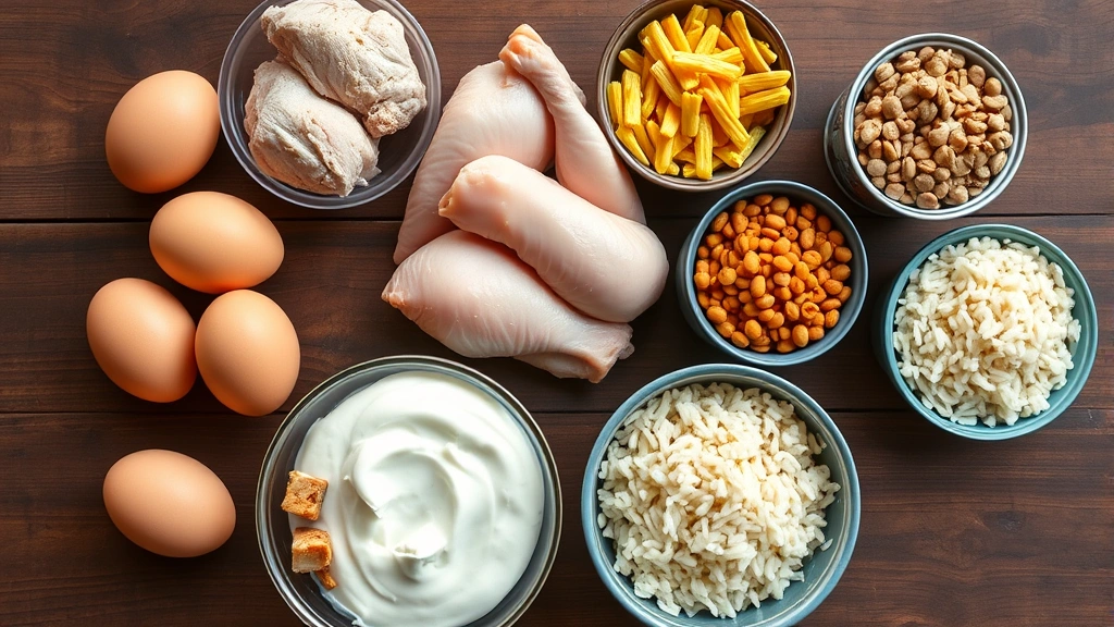 Overhead shot of budget-friendly protein-rich foods arranged on a wooden table: eggs, chicken, canned tuna, Greek yogurt, lentils, and rice in bowls, natural lighting, vibrant colors