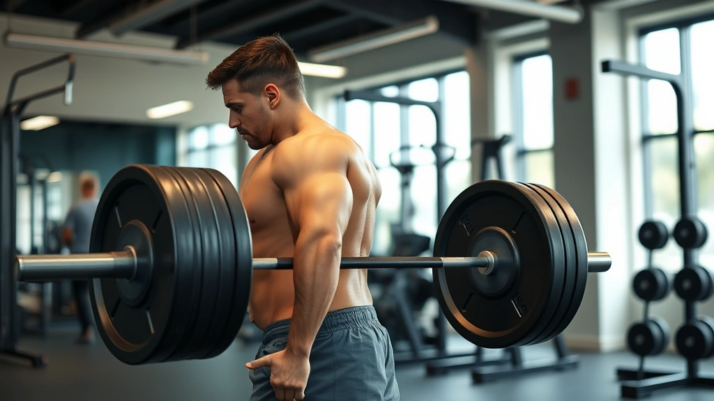 Athletic person performing a perfect deadlift with controlled form in a modern gym setting, focused expression, proper spinal alignment