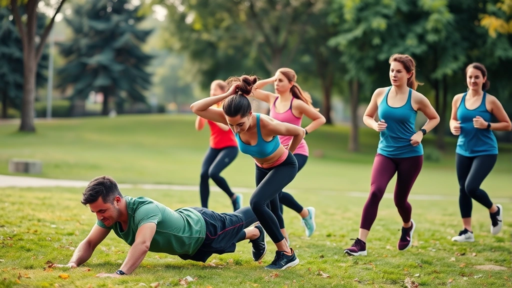 Diverse group of people exercising together—one doing push-ups, another stretching, someone jogging—showing different fitness levels and activities in a park