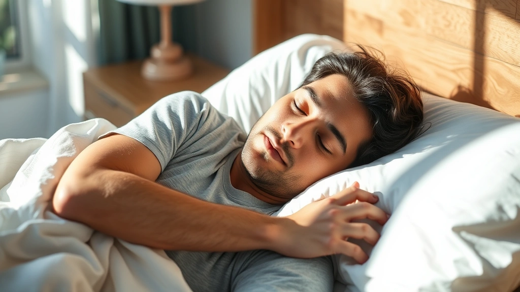Recovery scene: person sleeping peacefully in bed with natural morning light, looking well-rested and peaceful