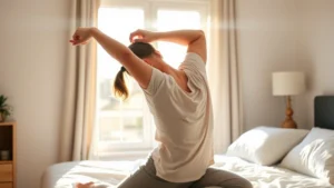 Person stretching in morning sunlight at home, relaxed and peaceful, natural light coming through window, cozy bedroom setting, authentic wellness moment