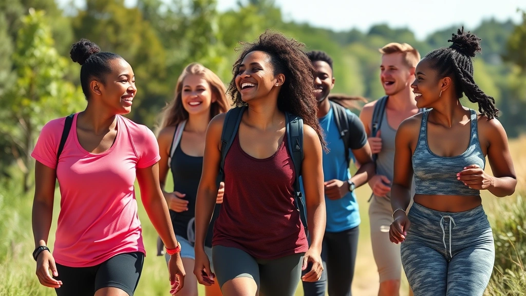 Group of diverse people laughing and walking outdoors on a sunny day, casual athletic wear, natural trail or park setting, genuine connection and enjoyment
