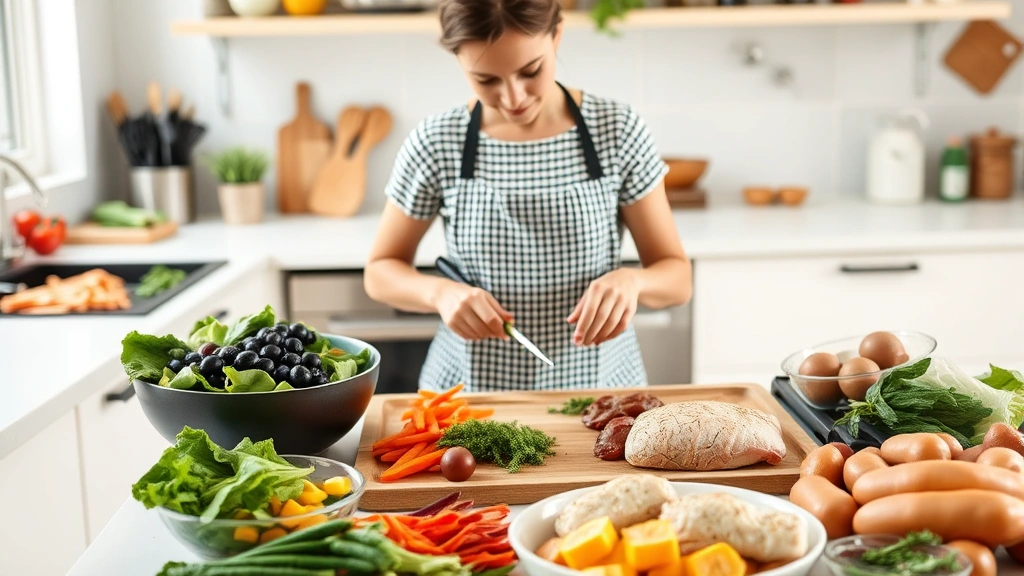 Someone meal prepping colorful vegetables and proteins in a bright kitchen, various whole foods visible, authentic home cooking scene, organized and inviting