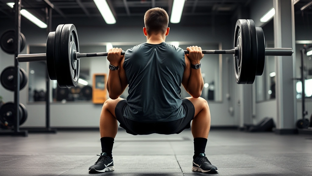 Person performing controlled barbell squat with excellent form and proper depth in modern gym setting