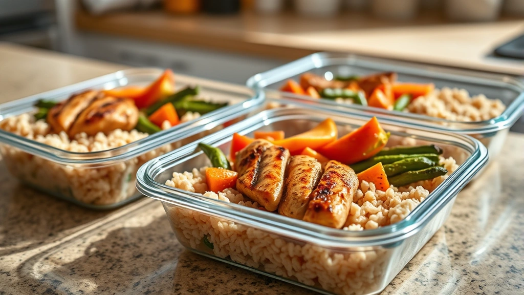 Healthy meal prep containers with grilled chicken, colorful vegetables, and brown rice on a kitchen counter, natural daylight, appetizing presentation