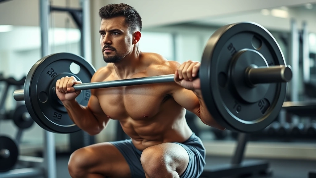 Muscular person in gym setting performing heavy barbell squat with perfect form, focused expression, natural gym lighting, no mirrors or text visible