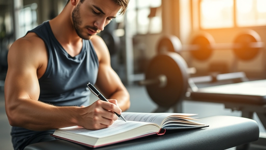Fitness enthusiast writing workout notes in a training journal at gym bench, pen in hand, focused on recording exercise details, natural daylight