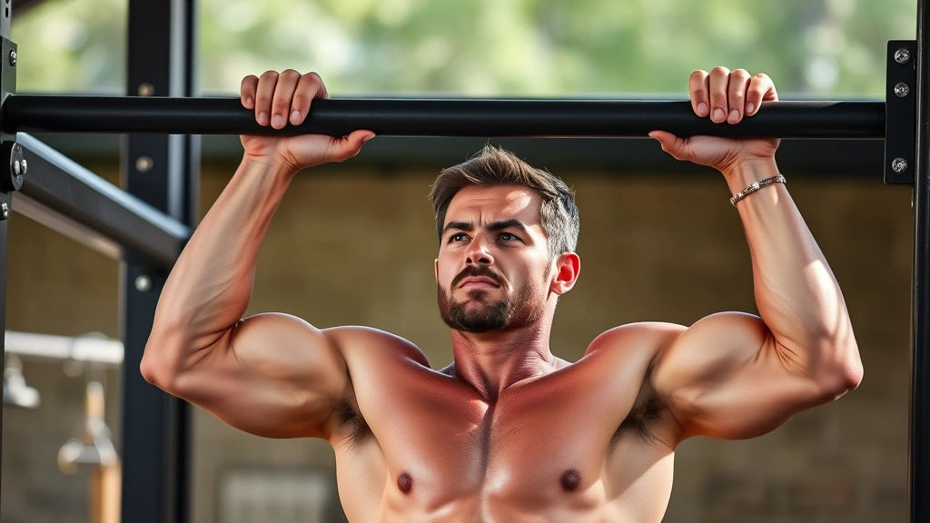 Person performing pull-ups with controlled form on bar, athletic build, outdoor or gym setting, showing full range of motion, determined expression