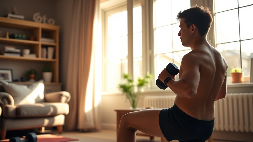 Person doing a morning workout routine at home in athletic wear, sunlight streaming through windows, energetic and realistic body type, no equipment visible or minimal dumbbells