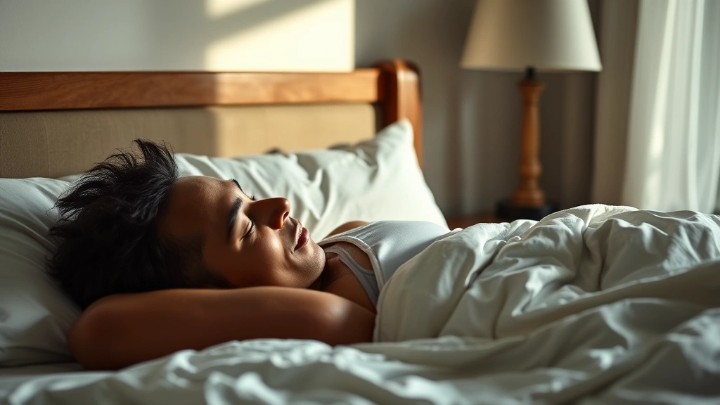 Athlete sleeping peacefully in bed at night, peaceful bedroom environment with soft natural lighting, demonstrating quality recovery