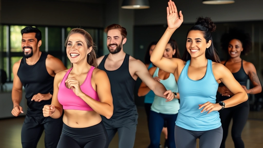Group of diverse people doing a group fitness class together, smiling and energetic, showing community and consistency in training
