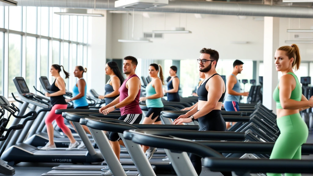 Diverse group of people on treadmills and strength equipment in a modern gym, various fitness levels, motivated expressions, good form and proper posture