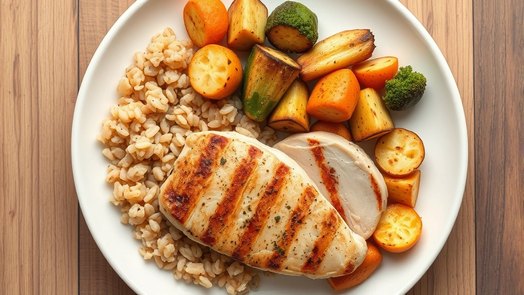 Overhead shot of a balanced meal plate with grilled chicken breast, brown rice, and roasted vegetables on white plate