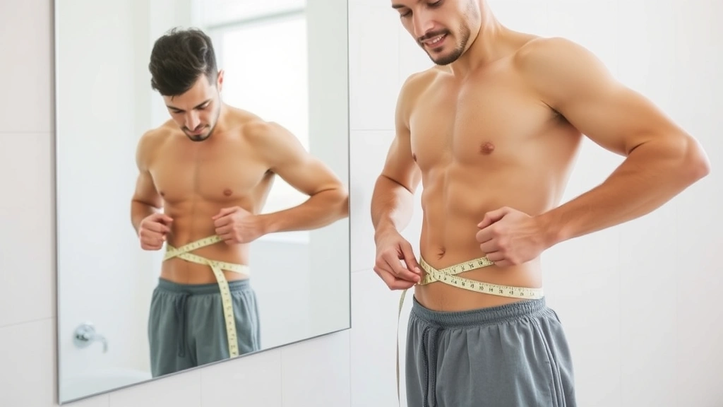 Fit person measuring waist with tape measure in bathroom mirror, relaxed expression, natural lighting, showing body composition tracking