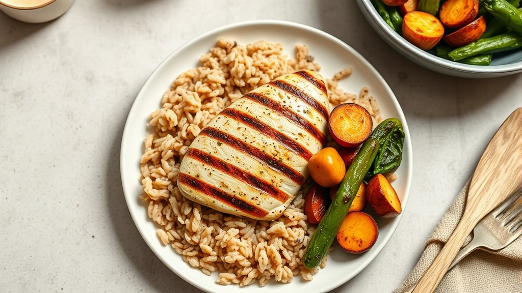 Overhead shot of balanced meal plate with grilled chicken breast, brown rice, roasted vegetables, natural daylight kitchen setting