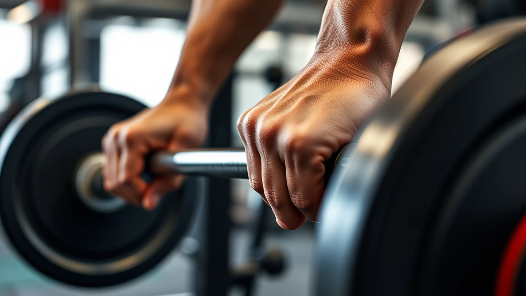 Close-up of hands gripping a barbell during a deadlift, showing focused intensity, gym setting with blurred background, professional fitness photography