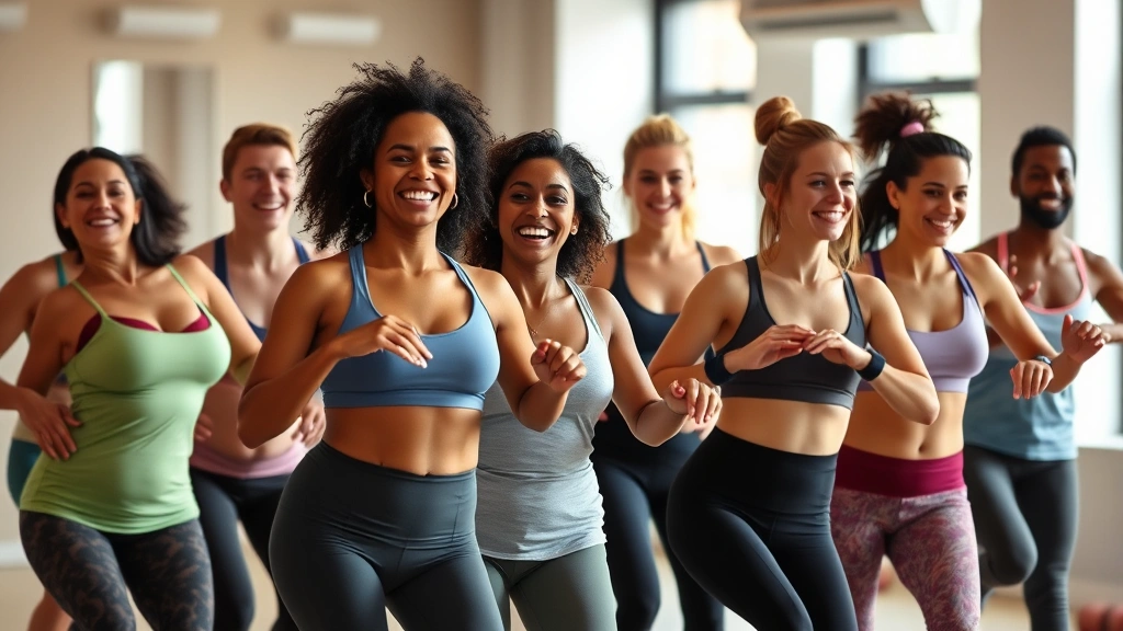 Group of diverse people doing a group fitness class, smiling and moving together, high energy but realistic body types, bright studio lighting