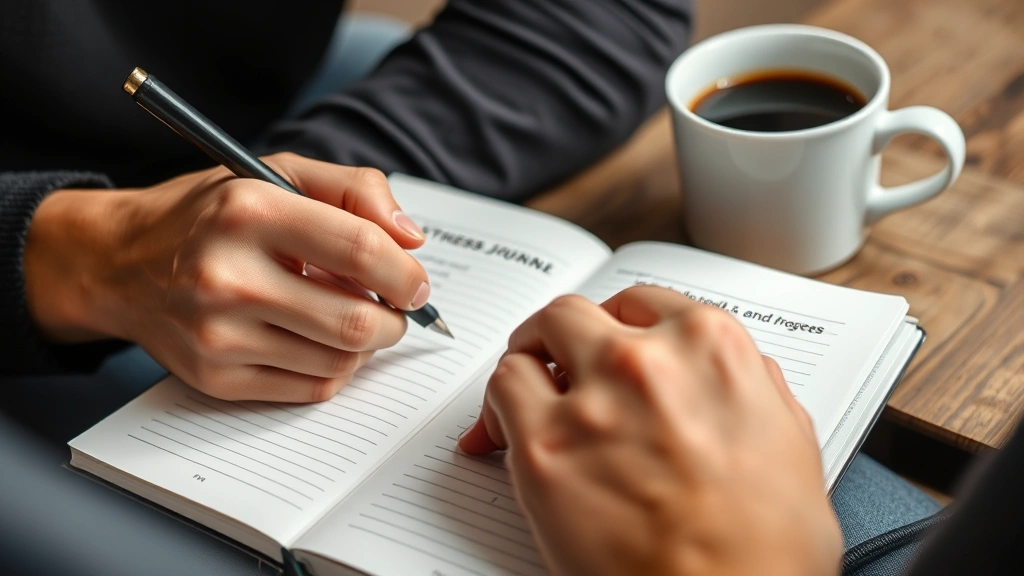 Close-up of someone's hands writing fitness goals and progress notes in a journal with a coffee cup nearby, realistic notebook setting, focused and motivated expression