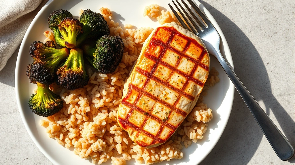 Overhead shot of clean eating plate with grilled chicken breast, brown rice, and roasted broccoli on white ceramic plate, fork beside it, bright natural light