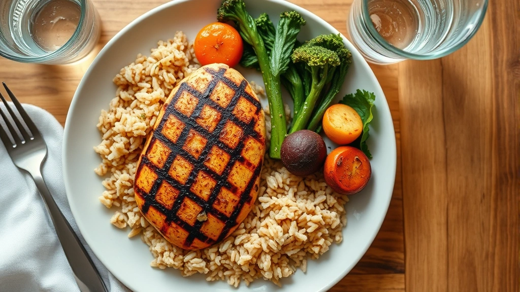 Overhead shot of a balanced meal plate with grilled chicken breast, brown rice, roasted vegetables, and water glass on a wooden table