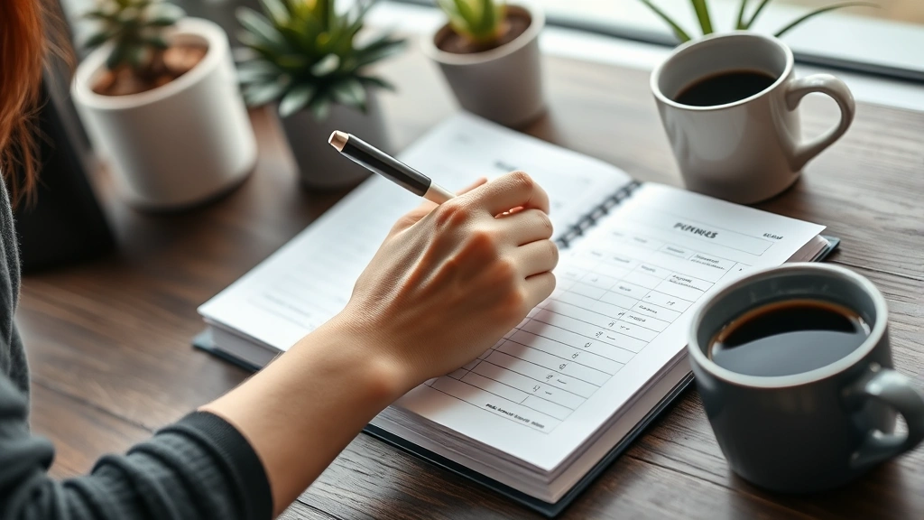 Close-up of hands writing in a fitness journal or planner with a cup of coffee nearby, showing progress notes and workout logs, natural desk lighting with plants in background
