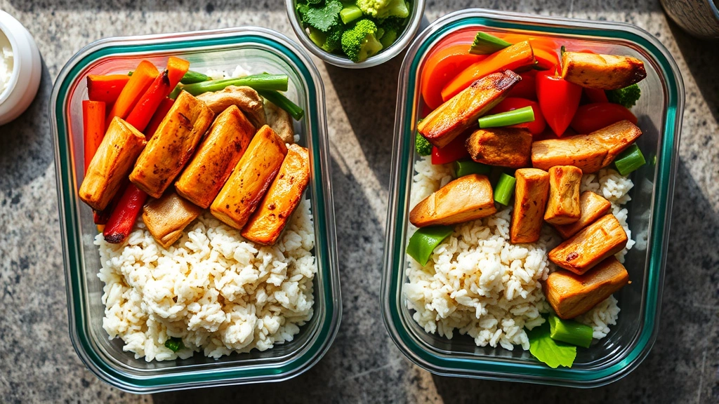 Overhead shot of healthy meal prep containers with grilled chicken, vegetables, and rice on a kitchen counter, natural lighting, appetizing presentation