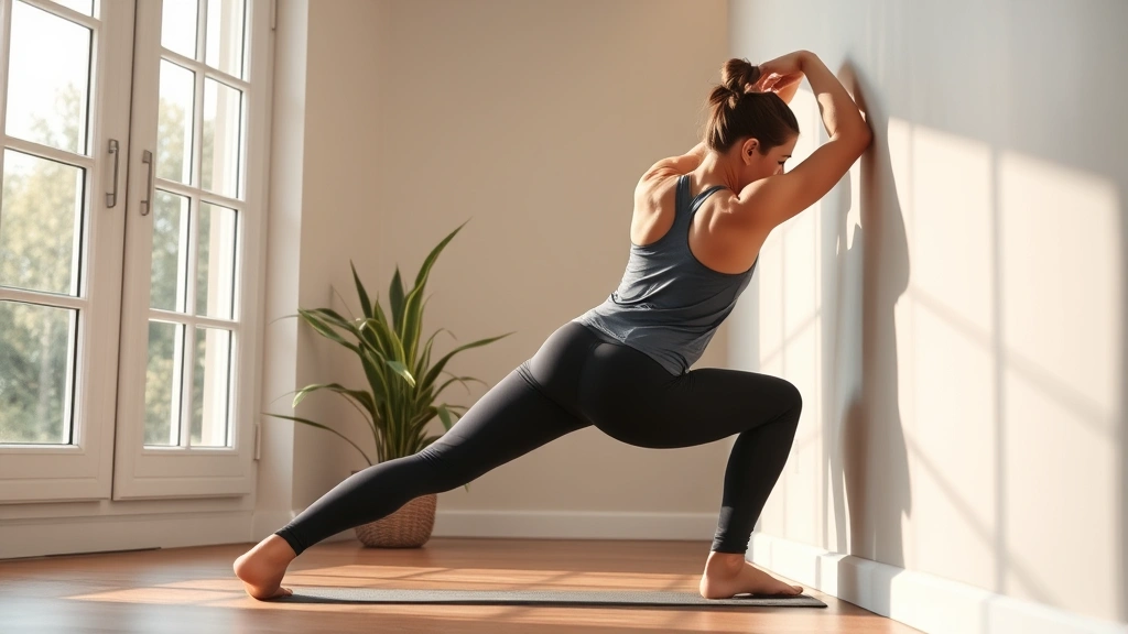 Person stretching hamstrings against a wall in athletic clothing, peaceful home gym environment, morning light through windows, flexibility focused