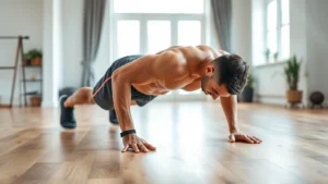 Athletic person performing a perfect push-up position on a wooden floor in a bright home gym space, muscles engaged, showing proper form and intensity