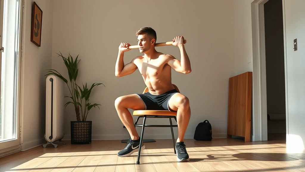Fit individual doing Bulgarian split squats using a sturdy chair in a minimalist home workout area, demonstrating lower body strength training with natural lighting