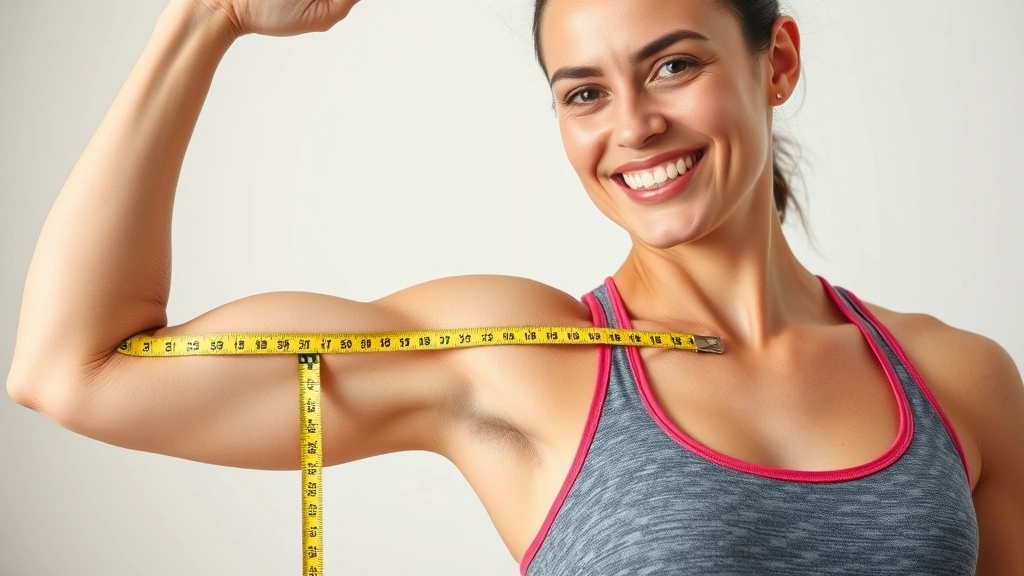 Person in athletic wear measuring their arm muscle with a tape measure, smiling with satisfaction, showing progress and dedication to home-based fitness journey