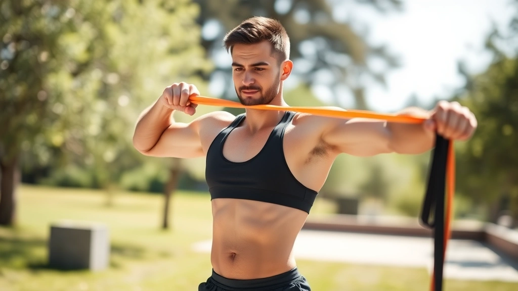 Athletic person doing resistance band exercises outdoors in natural light, focused expression, showing strength training form