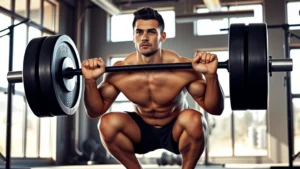 Person doing a heavy barbell squat in a bright, modern gym with natural light streaming through windows, focused expression, athletic build, mid-movement