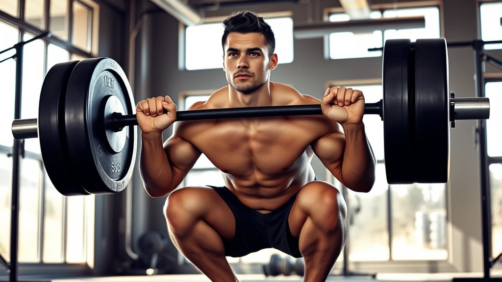 Person doing a heavy barbell squat in a bright, modern gym with natural light streaming through windows, focused expression, athletic build, mid-movement