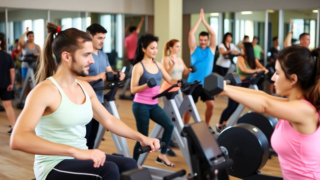 Diverse group of people in a gym setting doing different exercises—someone on a rowing machine, someone lifting dumbbells, someone stretching—showing variety and community