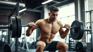Athletic person performing a barbell squat in a well-lit gym, focused expression, proper form, surrounded by weight plates and gym equipment