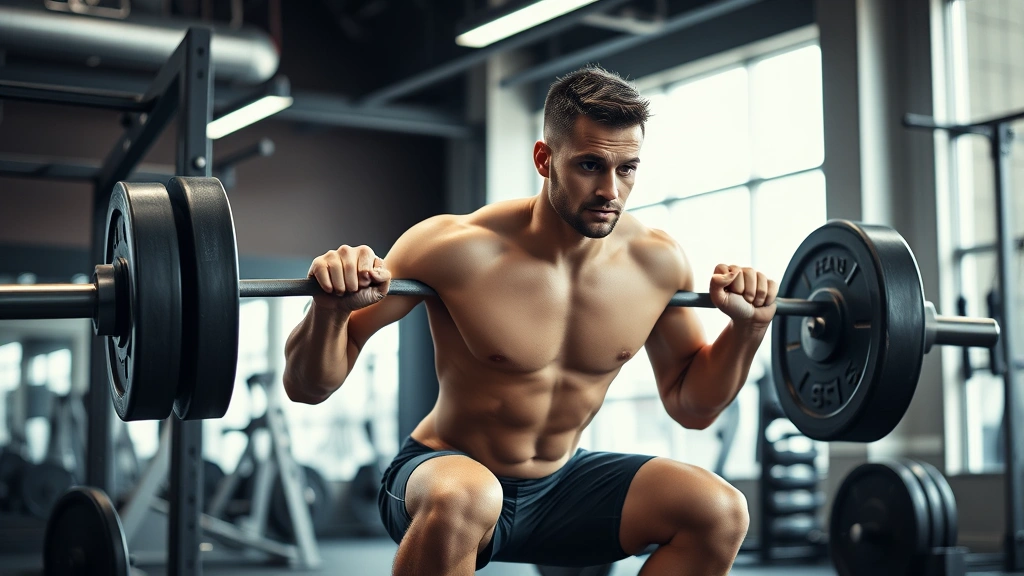 Athletic person performing a barbell squat in a well-lit gym, focused expression, proper form, surrounded by weight plates and gym equipment