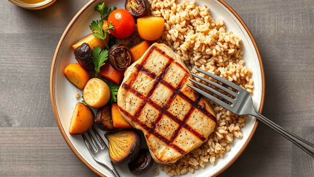 Overhead shot of a balanced meal plate with grilled chicken breast, brown rice, and roasted vegetables, natural lighting, fork visible
