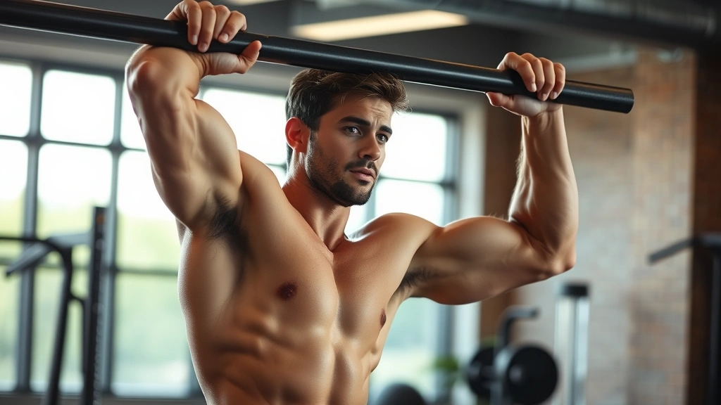 Person doing a pull-up on a bar in a gym, muscles engaged, strong form, morning gym lighting, determined expression
