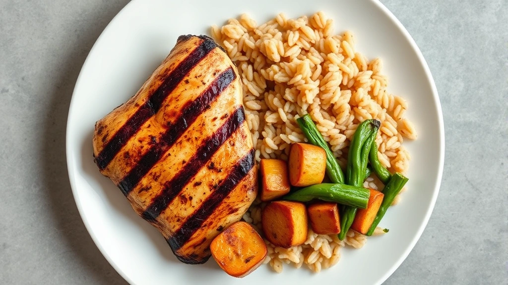 Overhead shot of a balanced meal with grilled chicken, brown rice, and roasted vegetables on a white plate