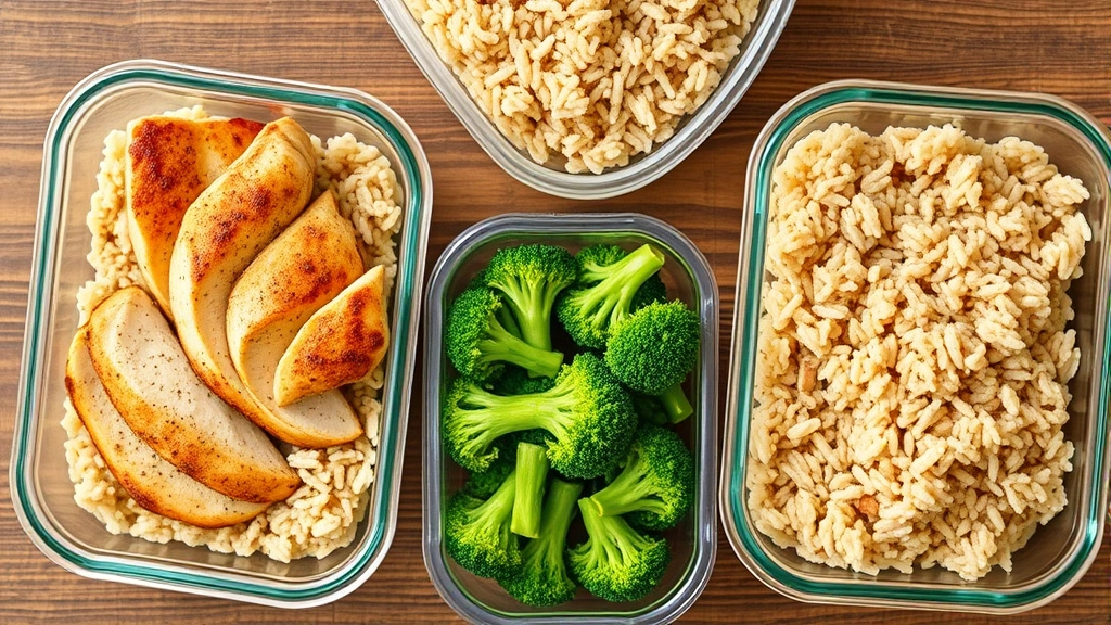 Overhead shot of healthy meal prep containers with grilled chicken breast, brown rice, and steamed broccoli on wooden table, natural daylight, no labels or text