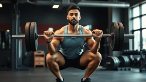 Athletic person performing a barbell squat with perfect form in a well-lit gym, demonstrating compound movement technique with controlled posture and engagement