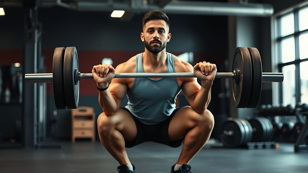 Athletic person performing a barbell squat with perfect form in a well-lit gym, demonstrating compound movement technique with controlled posture and engagement